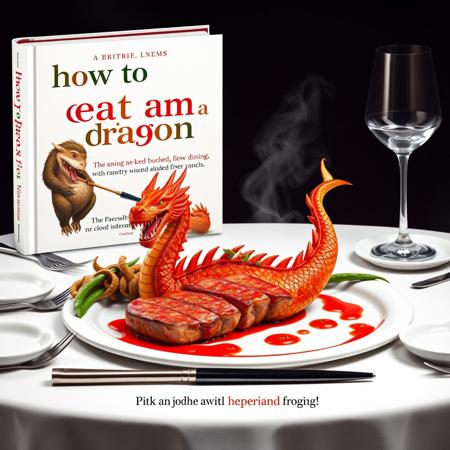 A print advertisement for a book titled "how to eat a dragon" featuring a dining table set with dragon steak