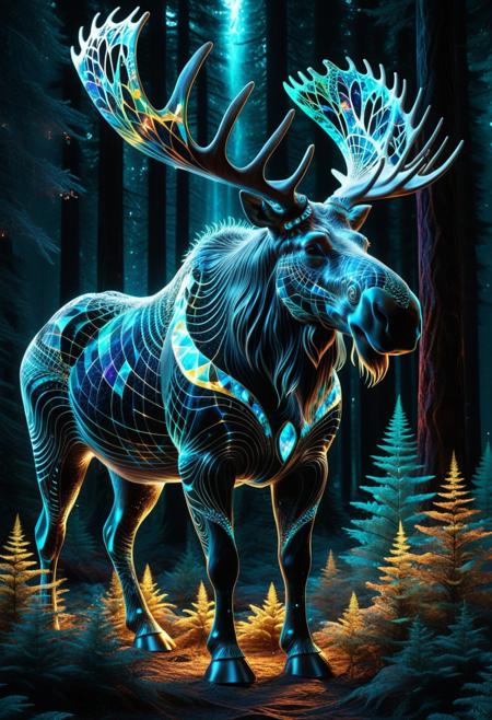 massive moose, covered in glowing fractal patterns, fur made of geometric crystal shapes, bioluminescent vines wrapped around its body, ancient forest background, mystical aura, powerful and majestic stance, surreal creature design, cinematic lighting, ultra-detailed fur texture, fantasy creature concept art, glowing eyes, 8k resolution, epic atmosphere, god-like presence, fractangles