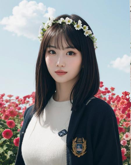 momo, 1girl, a young woman, (upper body:1.2), (looking at viewer:1.3), (schoolgirl jacket), (flower crown), (beautiful city, beautiful sky background), natural skin color, (closed mouth:1.2), (medium breast), floating hair, beautiful expression, face detailed, eyes detailed, iris detailed, masterpiece, best quality, photorealistic, hyper realistic, ultra detailed, perfect lighting, depth of field, shadows, highres, <lora:sayhello0o-v1-twicemomo:1>