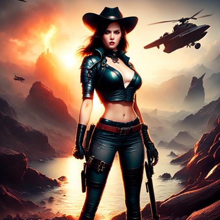 an attractive woman [gunslinger:bounty hunter:0.4] standing in a apocalyptic wilderness (bitboats style:1) <lora:djzBitBoats_LB2:0.8>