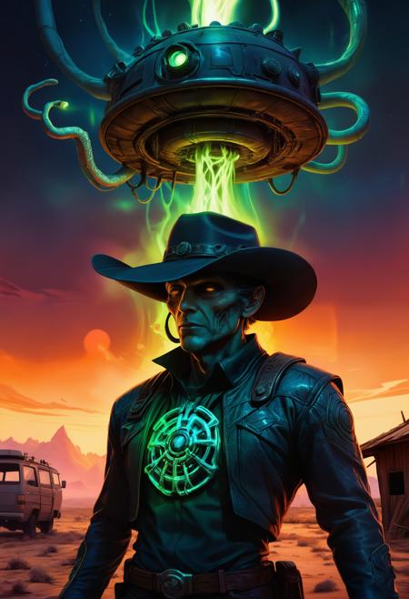 Hyper-detailed sci-fi digital painting of a colossal alien spacecraft refueling at an abandoned Texan gas station. The ship (organic-mechanical hybrid, covered in glowing runes and pulsating veins) dwarfs the rusty pumps and cracked asphalt. Neon fuel hoses snake from the vintage gas pumps into the ship’s shimmering intake port. A lone cowboy (dusty hat, cybernetic arm) leans against his hover-pickup, watching as the sky swirls with unnatural auroras. Distant mesas and a setting sun cast long shadows. Art style inspired by Simon Stålenhag and Moebius — retro-futurism meets surreal Americana. 8K, cinematic lighting, intricate textures.