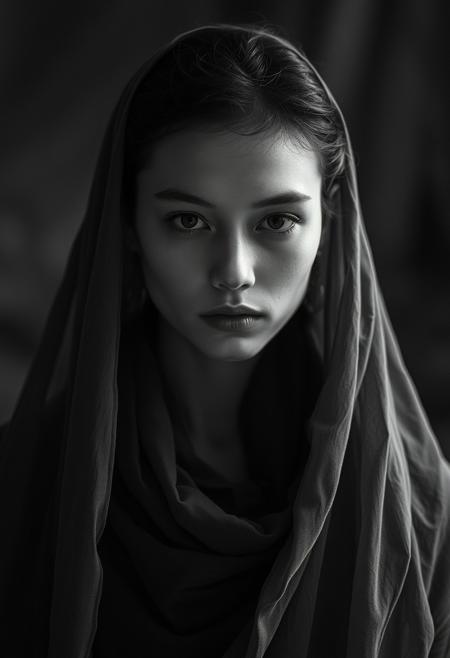 A character drawn in bold black ink, timeless portrait photography, deep psychological presence, soft ethereal lighting, subtle painterly textures, monochrome and muted color tones, natural yet dreamlike atmosphere, blurred edges, strong composition, historical documentary style with contemporary romanticism, luminous skin tones, rich fabric details, intimate gaze, fusion of realism and mysticism, classical yet avant-garde aesthetic