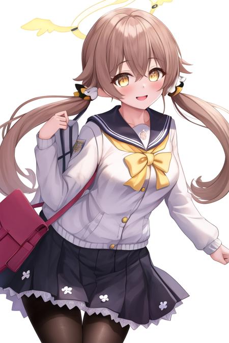 masterpiece, best quality, highres, solo, {hifumi_bluearchive:1.10}, long_hair, twintails, low_twintails, halo, yellow_eyes, light_brown_hair, blush, open_mouth, smile, bangs, bag, breasts, small_breasts, 1girl, looking_at_viewer, school_uniform, hair_ornament, pantyhose, simple_background, black_pantyhose, skirt, hair_between_eyes, white_background