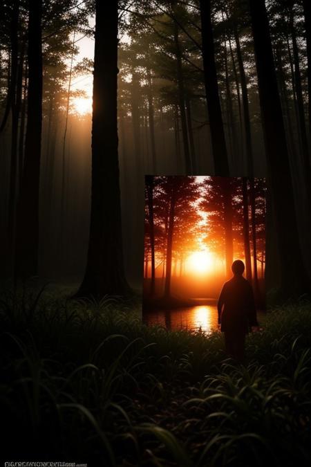 colorful,detailed background,Cinematic Lighting,film grain,zPDXL2,masterpiece,best quality,highly detailed, glowing, hand person, Expressiveh,1llum1,
fine art parody,forest,trees,lake,sunset,