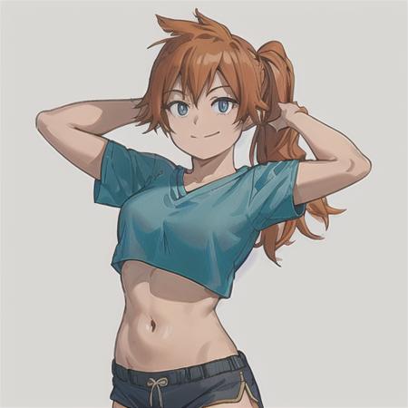 itsuka kendou, 1girl, solo, long hair, breasts, looking at viewer, smile, blue eyes, simple background, shirt, white background, navel, closed mouth, ponytail, short sleeves, cowboy shot, shorts, midriff, orange hair, arms up, side ponytail, crop top, short shorts, arms behind head, blue shorts, yellow shirt, cropped shirt  <lora:ItsukaKendoLoRA-10:0.6>