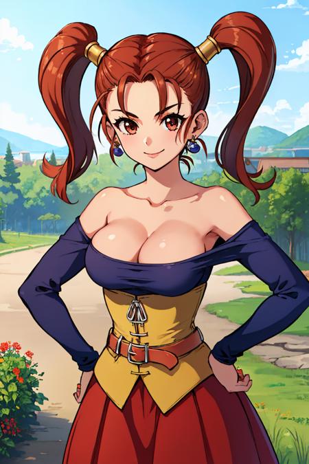dq8jessica, twintails purple shirt, strapless dress, corset, earrings, belt, cleavage
