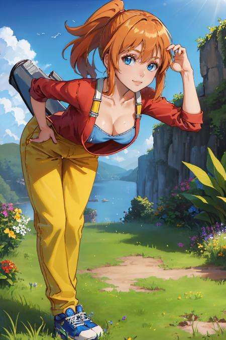 (masterpiece, best quality:1.2), solo, 1girl, trmechanic, smile, looking at viewer, leaning forward, hands on own knees, ponytail, overalls, shirt, cleavage, outdoors, grass <lora:terraria_mechanic:1.0>