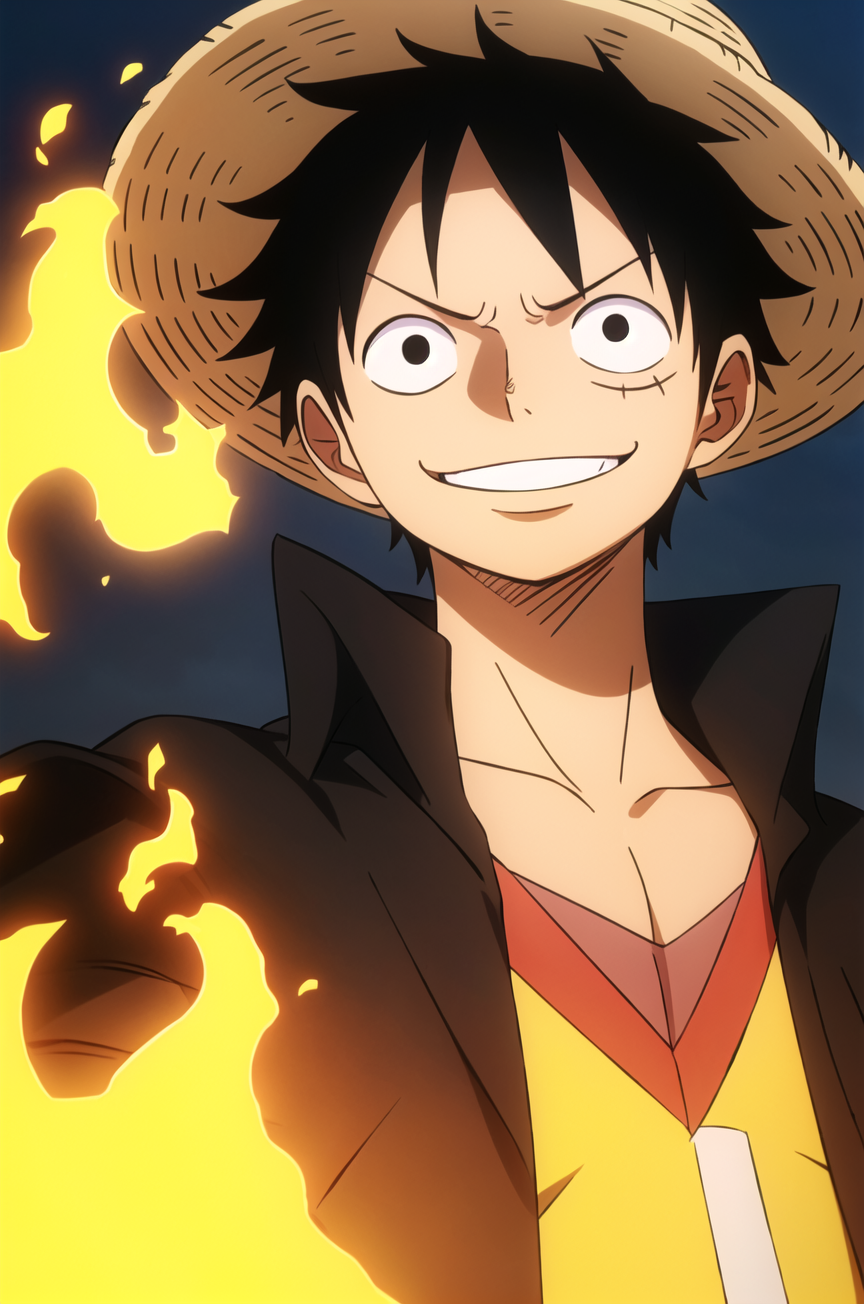 1boy, wanostyle, monkey d luffy, smiling, straw hat, looking at viewer, solo, upper body, ((masterpiece)), (best quality),...