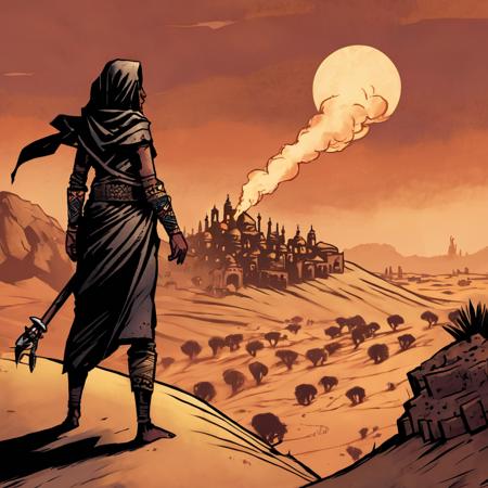 high-quality artwork in dgst artstyle of an arab woman on a desert sand dune overlooking a burning small desert village with smoke billowing to the sky