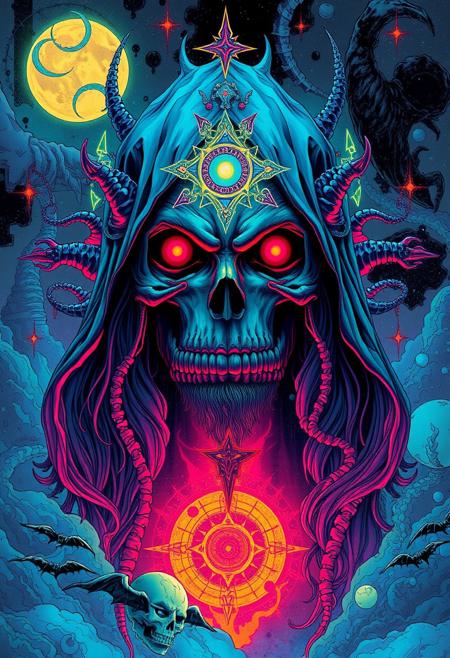 A mysterious, otherworldly figure, neon surrealism, dreamlike cosmic atmosphere, vibrant psychedelic colors, deep mystical symbolism, intricate graphic novel storytelling, painterly textures with graphic comic elements, arcane and cryptic details, glowing fantasy hues