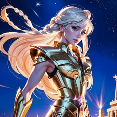 realistic hair, highly detailed hair, highly detailed eyes, highly detailed skin, highly detailed face, highly detailed armor, realistic style, Female Elsa of Frozen, white hair, golden metal armor