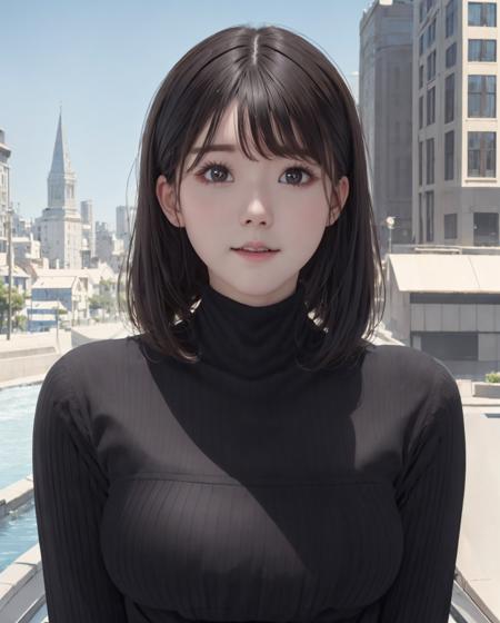 pureerosface_v1, best quality, photorealistic, 8k, high res, 1girl, woman, (skindentation), (portrait:0.6), ((cityscapebackground:2)) , ((smallsize round breast, highneck sweater:1.7)), straight-looking at viewer:1.8, (1girl eyes looking at viewer:1.45, medium-length hair, blackhair, partedbangs:1.45), photorealistic, (bokeh),   <lora:CBAV-mirai:0.69>