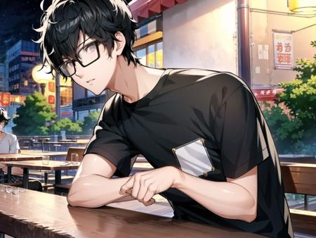 masterpiece, best quality, highres, extremely detailed CG unity 8k wallpaper, illustration of dsjoker, black hair, glasses, black-framed eyewear, grey eyes, (t-shirt:1.1), plaid pants, 1boy, solo, male focus, sitting, outdoor cafe, night, detailed background, (persona 5:0.5)
<lora:dsjoker_e3:0.75>