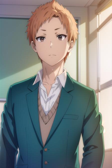 tatsumitanabe, <lora:tatsumi tanabe s1-lora-nochekaiser:1>,
tatsumi tanabe, short hair, (brown eyes:1.5), male focus, orange hair,
BREAK shirt, school uniform, jacket, white shirt, blazer, green jacket, (green blazer:1.5),
BREAK indoors, classroom,
BREAK looking at viewer, (cowboy shot:1.5),
BREAK <lyco:GoodHands-beta2:1>, (masterpiece:1.2), best quality, high resolution, unity 8k wallpaper, (illustration:0.8), (beautiful detailed eyes:1.6), extremely detailed face, perfect lighting, extremely detailed CG, (perfect hands, perfect anatomy),