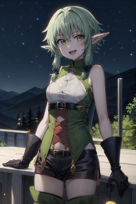 best quality, (masterpiece:1.2), detailed,
<lora:chara_GoblinSlayer_HighElf_v1:0.8>,
1girl, solo, open mouth, smile, pointy ears,
green hair, green eyes, short hair, short hair with long locks, 
green dress, sleeveless dress, black bow, black gloves, asymmetrical gloves, brown shorts,
thigh boots,
standing, looking at the viewer,
night sky, forest, mountains, <lora:night-r:0.3>