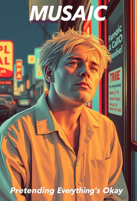 high quality design aesthetics, synth pop, nostalgic,  detailed, synth pop album cover, dynamic, colourful, uptempo track, melancholic, white man, artist name "MUSAIC",  melancholic, album title "Pretending Everything's Okay"
