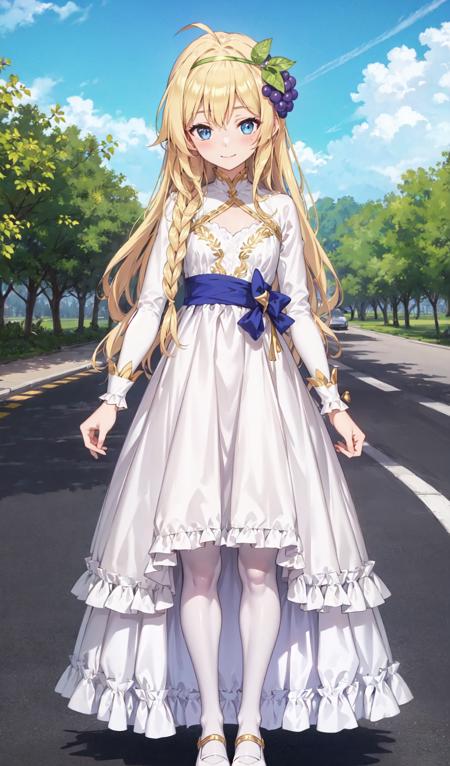 ((masterpiece,best quality)), 1girl, , solo,long hair,breasts,blush,looking at viewer, blue eyes,blonde hair,bangs,hair ornament, outdoor, scenery, sky, cloud, road, ,long sleeves,very long hair,hair between eyes,standing,braid,ahoge,hairband,smile, happy,white dress,hand up,fruit,white skirt,side braid,iris,official dress, grape hair ornament,white shrug,shrug (clothing)  <lora:iris_konosuba:0.8>, (full body), arms at side,( pantyhose, white pantyhose, white legwear, white footwear). long dress