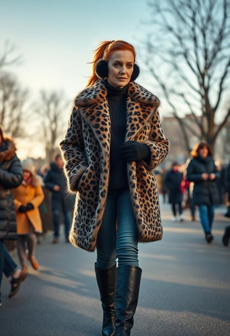 A photorealistic portrait of an attractive 57 year old woman from London. She is glamorous, with chestnut hair styled into a stylish ponytail. She has light and subtle makeup on. She is walking on a cold winters day through a busy Zoo. The sky is clear of any clouds, and the sun is low in the sky illuminating her from behind. She is wearing a (luxurious, full length fur coat, in a leopard print:1.5) over a (trailed high neck jumper and jeans:0.8), on her feet are (black calf length boots, with slight heel:1.3). She is also wearing (black fur gloves, with matching ear muffs:1.2) ,It is a candid shot, taken by a family member on their smartphone, detailing a glamorous woman on a family day out.