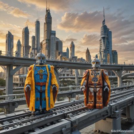 2 LEGO robots  in a LEGO monorail station . they are in LEGO robes that are worn. the are looking out over the LEGO city. LEGO Monorail track. 
hive LEGO city made out of LEGO gears is in the background and is made up LEGO tall buildings and LEGO towers. The sky is sunset and there are  clouds in the distance a river run through it flooding the city. extremely detailed, moody
 <lora:Hive-City:1>