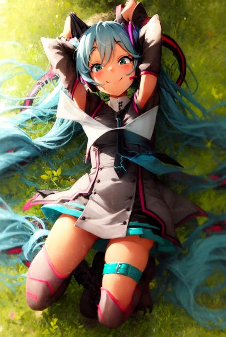 khyle., warm colors, solo, 1girl, magical mirai (2015), hand in hand (vocaloid), (full body), lying, arms up, smile, looking at viewer, grass field, from above, outdoors, day, sunlight