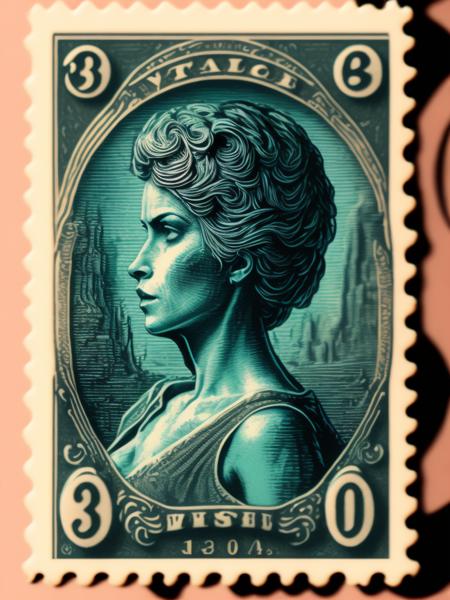 <lora:VintagePostageStamps:1>vintage Vaporwave stamp intricate design by hell satanic occult beautiful profile hellfire magic spells etchings