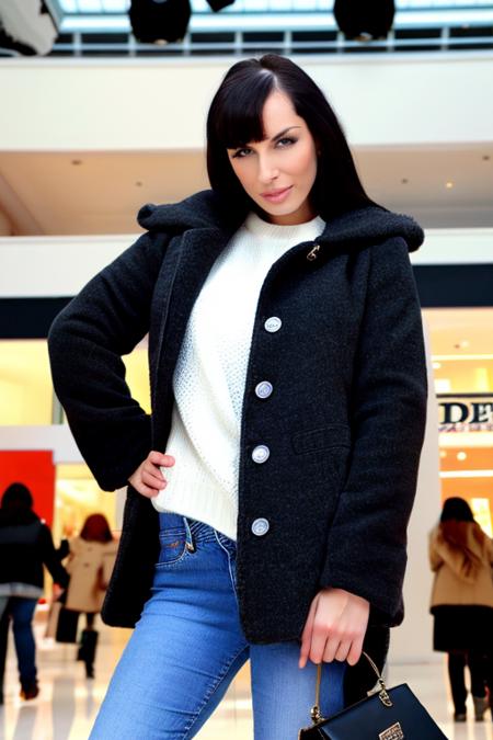 <lora:s3xyv3n3r4_v1:1>, (high quality), (high resolution), upper body shot, black hair, pale white caucasian (s3xyv3n3r4 woman) wearing a coat and a jeans in a (mall:1.3), detailed face