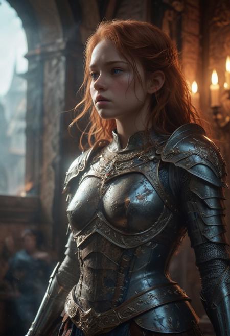 High resolution ultra-realistic of Beautiful Warrior Sadie Sink as Joan of Arc, 8k, capturing the intensity of the moment, cinematic lighting, standing on a bloody and stormy battlefield in bloody battle, wavy red hair, realistic dirty pale face, realistic blue eyes,  beautiful hourglass figure, burning in a medieval Town, intricately designed iron and silver armor, Dark Ages Aesthetic, perfect athletic figure, beautiful Warrior Joan of Arc, fire, ultra realistic, cinematic style, vigorous and seductive, athletic figure, dark fantasy, dramatic lighting, wet and sweaty skin, dirty skin, athletic figure, dark fantasy, dramatic lighting, Greg Rutkowski style,, Warrior Joan of Arc on in iron armor, hyper-detailed, hyper-realistic, bright colours, Attractive 21 old years girl, Attractive, beautiful firm Breasts, sharp focus, digital painting, Photograph Taken on Nikon D750, Alphonse Mucha, 8K, athletic figure, Hyperdetailed, hyperrealism, Attractive, Attractive bust girl, asymmetric balance