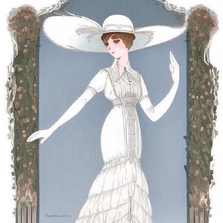 <lora:fashion:1> fashion plate, edwardian, 1914, 1910s, white dress, high flared collar, afternoon wear, summerwear, white hat, feathered hat