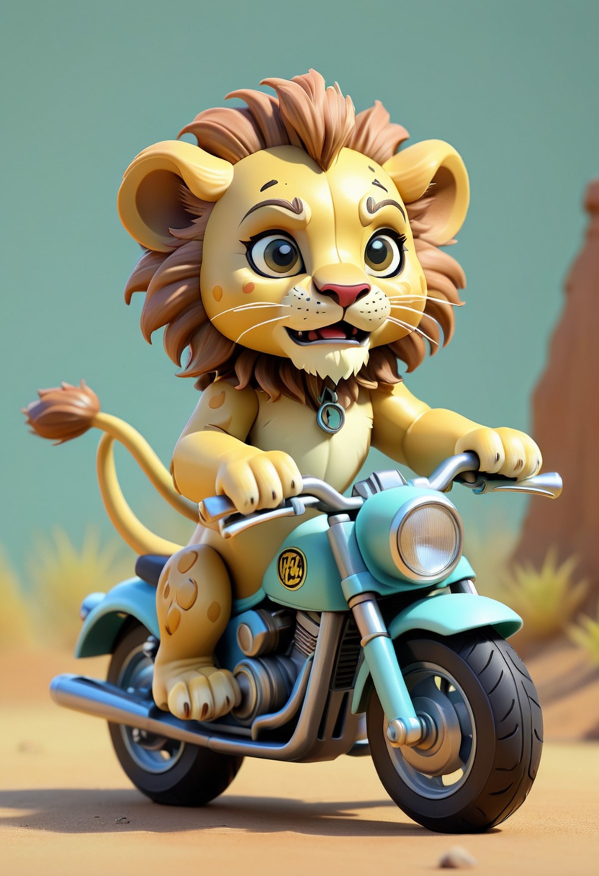 miniture, tiny cute lion toy, riding motorbike, plastic texture, soft smooth lighting, soft pastel colors, skottie young, ...