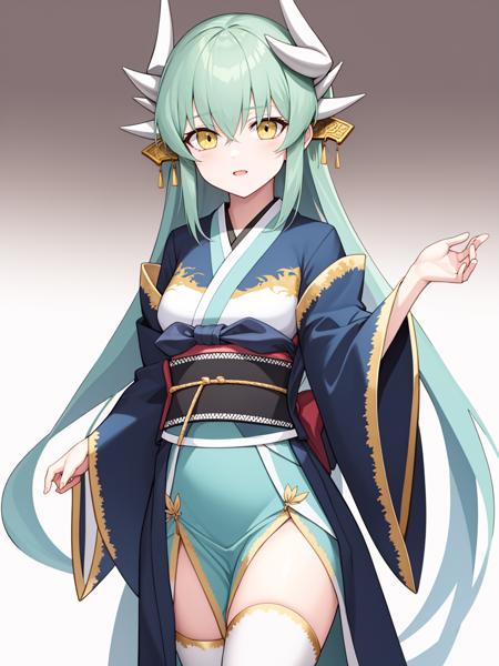 kiyohime \(fate\),long hair,horns,dragon horns,yellow eyes,green hair,japanese clothes,kimono,dragon girl,white thighhighs,aqua hair,sash,multiple horns,