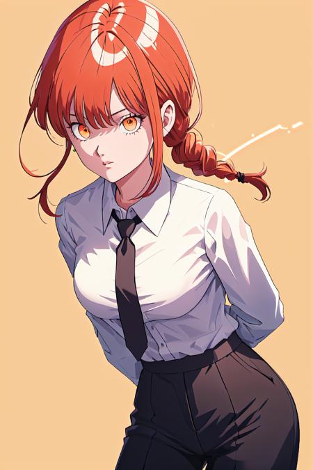 <lora:Makima:1> makimav1, white collared shirt, black pants, black necktie, large breasts, cowboy shot, 1girl, arms behind back, orange eyes, glowing eyes, ringed eyes, simple background, <lora:ToriyamaStylev2:1.2>,