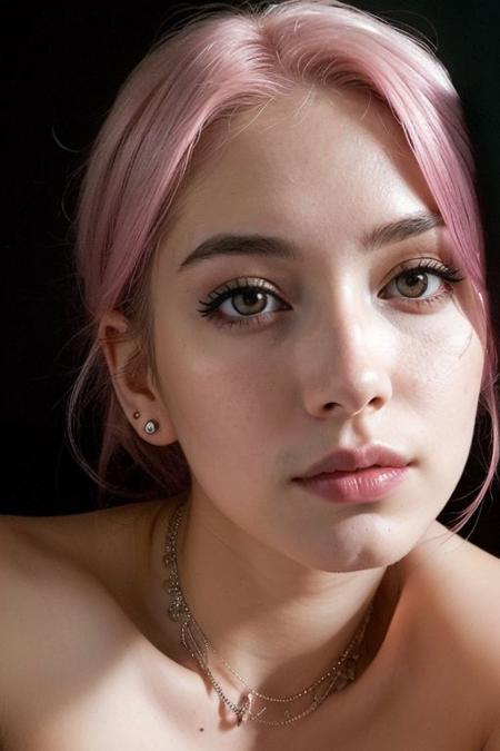 (a cute girl, 22 years old, pale skin ,  pink hair ,skinny:1.1),(big boobs , small nipples, Colombian hipster girl, edgy vibe, dark, mascara, eyeliner, dark cheeks, expressive lips, Unique facial piercings, alluring necklace, stylish sexy streetwear, alluring thighs, aesthetic tattoos on her body, almond shaped eyes, Dimples, strong eyeliner eyes ,Defined jawline, skin pores )(best quality, high quality, photograph, hyperrealism, masterpiece, 8k:1.3), mestizo, burly, white shaggy hair, dark skin, smile, (low-key lighting, dramatic shadows and subtle highlights:1.1),(((in the middle of the photoshograph studio))) adding mystery and sensuality, trending on trending on artsy, concept art, (shot by helmut newton:1.1), rule of thirds, black and white, modern ,epiCRealism, epiCNegative