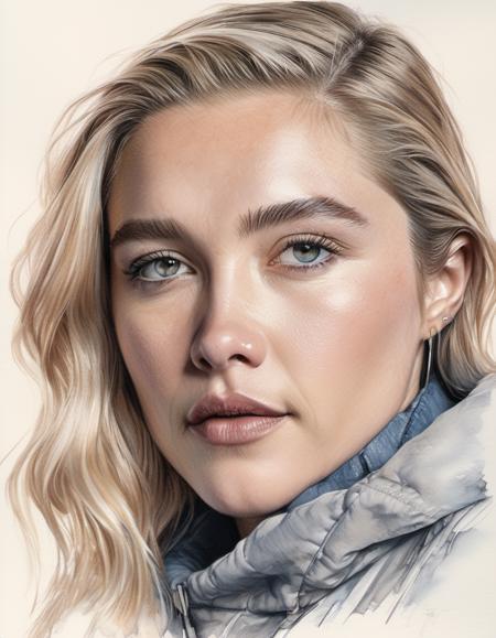 <lora:Florence Pugh:1>, flrncpgh woman, light natural tones , pencil drawing , watercolor drawing, portrait of a woman, detailed eyes, beautiful , highly detailed, soft color tones, soft lighting, detailed lines, sharp, realistic, brush strokes, light hints of paint drips