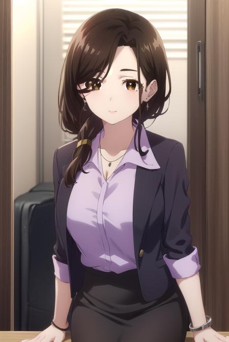 airigotou, <lora:airi gotou s1-lora-nochekaiser:1>,
airi gotou, long hair, brown hair, (brown eyes:1.5), braid, mole, mole under eye, hair over shoulder, mature female, smile,
BREAK skirt, shirt, jewelry, jacket, pantyhose, black skirt, necklace, black footwear, high heels, bracelet, black jacket, side slit, pencil skirt, purple shirt, office lady,
BREAK indoors, office,
BREAK looking at viewer, (cowboy shot:1.5),
BREAK <lyco:GoodHands-beta2:1>, (masterpiece:1.2), best quality, high resolution, unity 8k wallpaper, (illustration:0.8), (beautiful detailed eyes:1.6), extremely detailed face, perfect lighting, extremely detailed CG, (perfect hands, perfect anatomy),