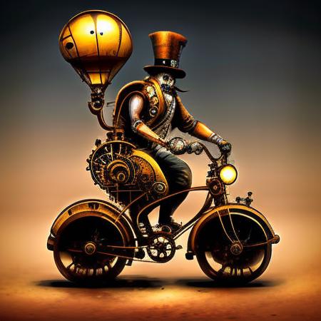 (steampunkai)++, (steampunk), bicycle with large wheel on the front side, man riding the bicycle