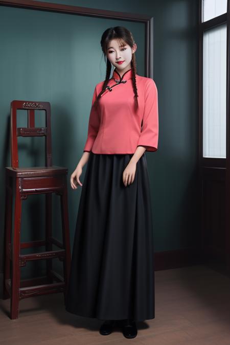 best quality, masterpiece,real,realistic, photo,photorealistic, looking at viewer,1girl, 
minguoxiaofu,school uniform, tangzhuang,red shirt,long skirt,
 <lora:minguoxiaofu_v2_03:0.8>