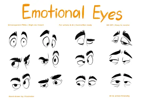 12 Emotional Eyes — Lineart Pack for Artists & AI Stylization