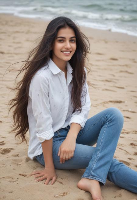 Beautiful Indian girl in a buttoned shirt with jeans with subtle smile sits causally on a sandy beach,with waves crashing her leg.ocean waves crashing against each other, creating white sea foam .Her long hair is windswept.  Tilak on face, eyes with kazal