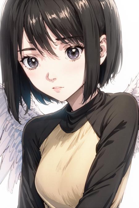 nakahara_misaki, 1girl, solo, two-tone shirt, black sleeves, raglan sleeves, night, angel wings, close-up, expressionless, shaded face, upper body, whitew wings, <lora:merrytail_nakahara-misaki_v10-05:1>