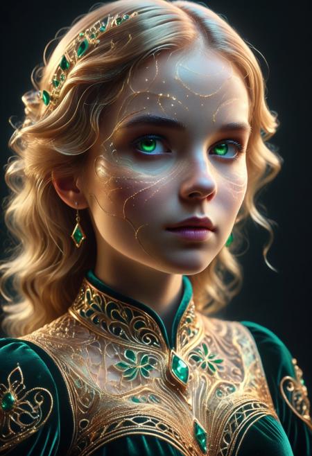 Fractangles, made out of fractangles, LudasStyle, photorealistic close-up of a royal woman in ornate princess attire, soft expression, golden fractangle embroidery along her velvet collar and shoulders, wavy golden-blonde hair cascading past her face, delicate skin illuminated by soft studio lighting, piercing emerald eyes with subtle geometric reflections, ultra-detailed textures