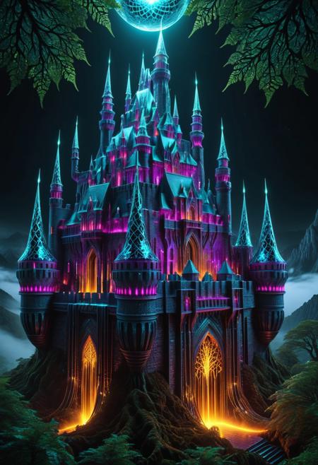 surreal castle, old castle, crazyily big castle, massive fortress, surreal castle, massive walls, medieval castle, transformed by glowing fractal roots, geometric vines wrapping around its structure, futuristic crystal patterns integrated into the metal, bioluminescent details, mystical atmosphere, cinematic lighting, foggy cityscape in the background, ultra-detailed architecture, dreamlike sci-fi fantasy fusion, sharp focus, 8k, fractal-inspired redesign, concept art style, fractangles, made out of fractangles, high quality,