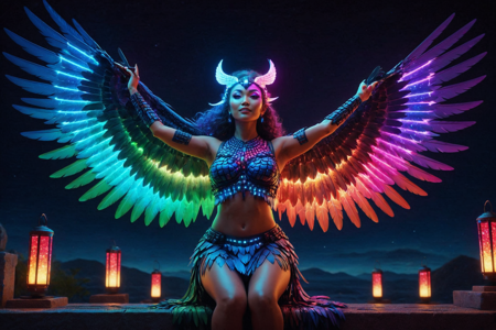 a goddess, Harpy, bird-woman, made out of RGB Keyboards, with talons and wings, swooping with talons and wings with RGB lights spread, solo, neon Japanese moonscape with glowing lanterns with RGB lights, starry night, detailed background, looking up with an RGB glow, shimmering with RGB lights, gazing at the sky, vengeful, glowing with RGB lights, wide shot, best quality, vibrant colors, photorealistic style, high detail, high-definition, hyper-realistic, extremely high-resolution details, fine texture, incredibly lifelike, realistic, not cartoon, not drawing, highres, 4K resolution, source photo, realistic photo, masterpiece, best quality, amazing quality, very aesthetic, ultra-detailed, detailed textures, natural lighting, soft lighting, cosmic RGB colors, purples, blues, starry whites, digital flash, bright and intense, overhead shot, <lora:RGB_Keyboard_themed-000008:1>