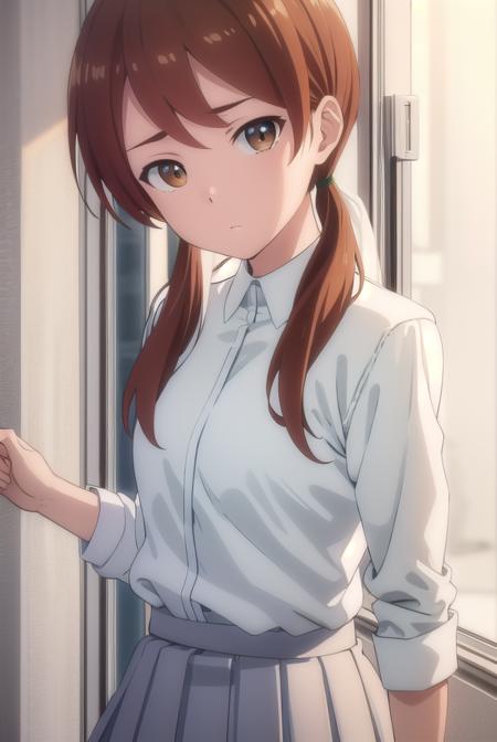 himaritakanashi, <lora:himari takanashi s1-lora-nochekaiser:1>,
himari takanashi, brown hair, twintails, (brown eyes:1.3), low twintails,
BREAK skirt, shirt, school uniform, white shirt, pleated skirt, brown skirt,
BREAK indoors, classroom,
BREAK looking at viewer, (cowboy shot:1.5),
BREAK <lyco:GoodHands-beta2:1>, (masterpiece:1.2), best quality, high resolution, unity 8k wallpaper, (illustration:0.8), (beautiful detailed eyes:1.6), extremely detailed face, perfect lighting, extremely detailed CG, (perfect hands, perfect anatomy),