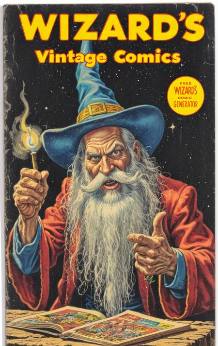 vintage comic book cover, (title says "Wizard's Vintage Comics":1.35), moondog wizard whitebeard performing some fantastic street magic, by r crumb and alan moore, detailed