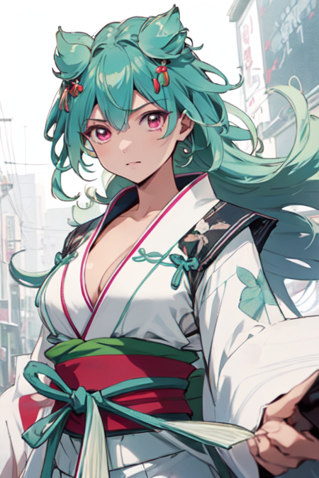 TsugumiHattori, 1girl, solo, long hair, hair ornament, red eyes, cleavage, medium breasts, japanese clothes, green hair, pink eyes, short kimono, sash, obi, sandals, 