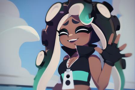 splatoon, sfw, cute, marina, in the clouds, hands up, desktop wallpaper design, solo