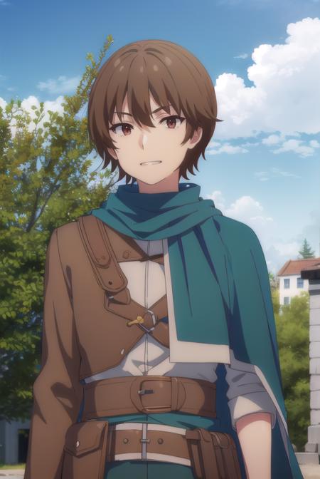 keyaru, <lora:keyaru s1-lora-nochekaiser:1>,
keyaru, short hair, (brown eyes:1.5), brown hair, male focus, smile, grin,
BREAK cape, armor,
BREAK outdoors, forest, nature, grass, trees, sun, sky, clouds,
BREAK looking at viewer, (cowboy shot:1.5),
BREAK <lyco:GoodHands-beta2:1>, (masterpiece:1.2), best quality, high resolution, unity 8k wallpaper, (illustration:0.8), (beautiful detailed eyes:1.6), extremely detailed face, perfect lighting, extremely detailed CG, (perfect hands, perfect anatomy),