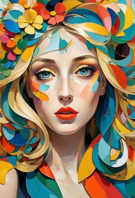 Vibrant and dynamic illustrations and vectors, bursting with color and life, offer viewers a visual feast for the eyes.A woman face, long golden blond hair, loose, windy. colorful flowers around her. By Pablo Picasso, Cubism style, Nouveau Realisme style, 3D max.. Colorful Glass paint. Modern.3ds Max.