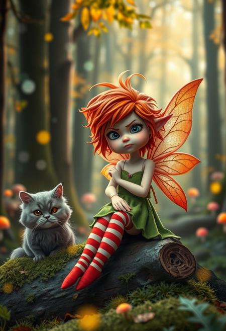 A whimsical fantasy scene featuring a grumpy yet beautiful fairy with vibrant, tousled red hair, dressed in a green dress and red-and-white striped stockings. The fairy has translucent, shimmering wings tinged with orange and pink and sits on a moss-covered log. Beside her is a grumpy, fluffy grey cat. The background is a mystical forest with ethereal light filtering through tall trees, adorned with bright green leaves and glowing mushrooms. Soft, colorful bokeh lights float around, enhancing the magical ambiance. Both fairy and cat have expressive, slightly annoyed facial expressions. The overall color palette includes warm autumn hues, with rich greens, reds, and golds in the foreground, contrasting with the cooler, muted tones of the woodland background.  The scene has a playful yet slightly melancholic feel, combining lively details with soft, dreamlike textures.