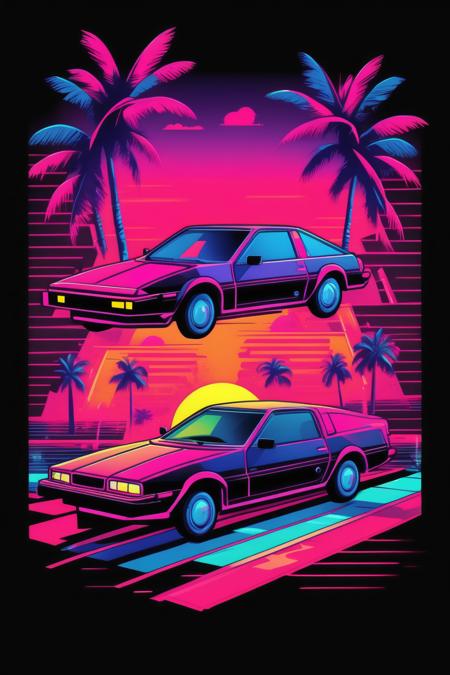 <lora:Synthwave T-shirt:1>Synthwave T-shirt - graphic design t-shirt, flat design car, Miami street, colorful hues, highly detailed clean, vector image, photorealistic masterpiece, professional photography, realistic car, simple sunrise background for the car, flat black background, isometric, bright vector((black background))